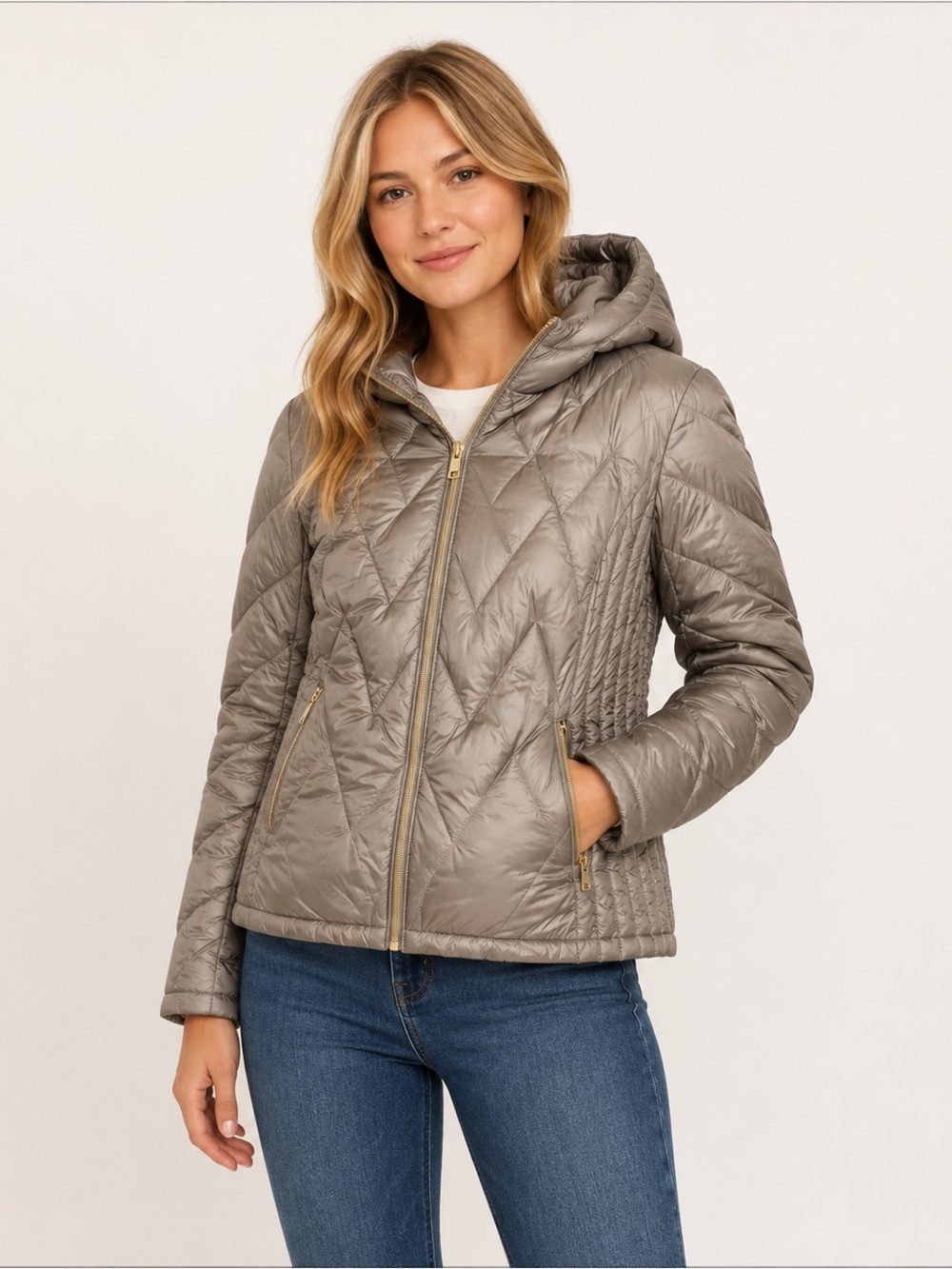 Michael Kors Tan Packable Down Feather and Quilted Jacket Coat Women Size L